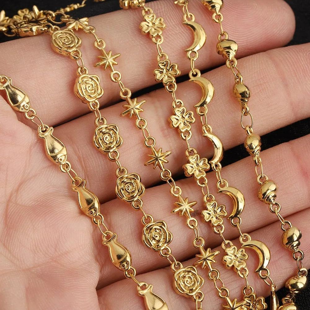 D481 Gothic 18K Gold Pvd Stainless Steel Geometric Fish Rose Conch Clover Patterned Metal Craft DIY Chains