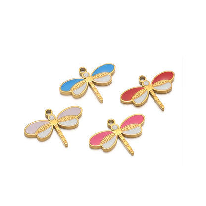 Factory Wholesale 18k Gold Plated Stainless Steel Enamel Dragonfly Charm Pendant for DIY Necklace Earrings Jewelry Making
