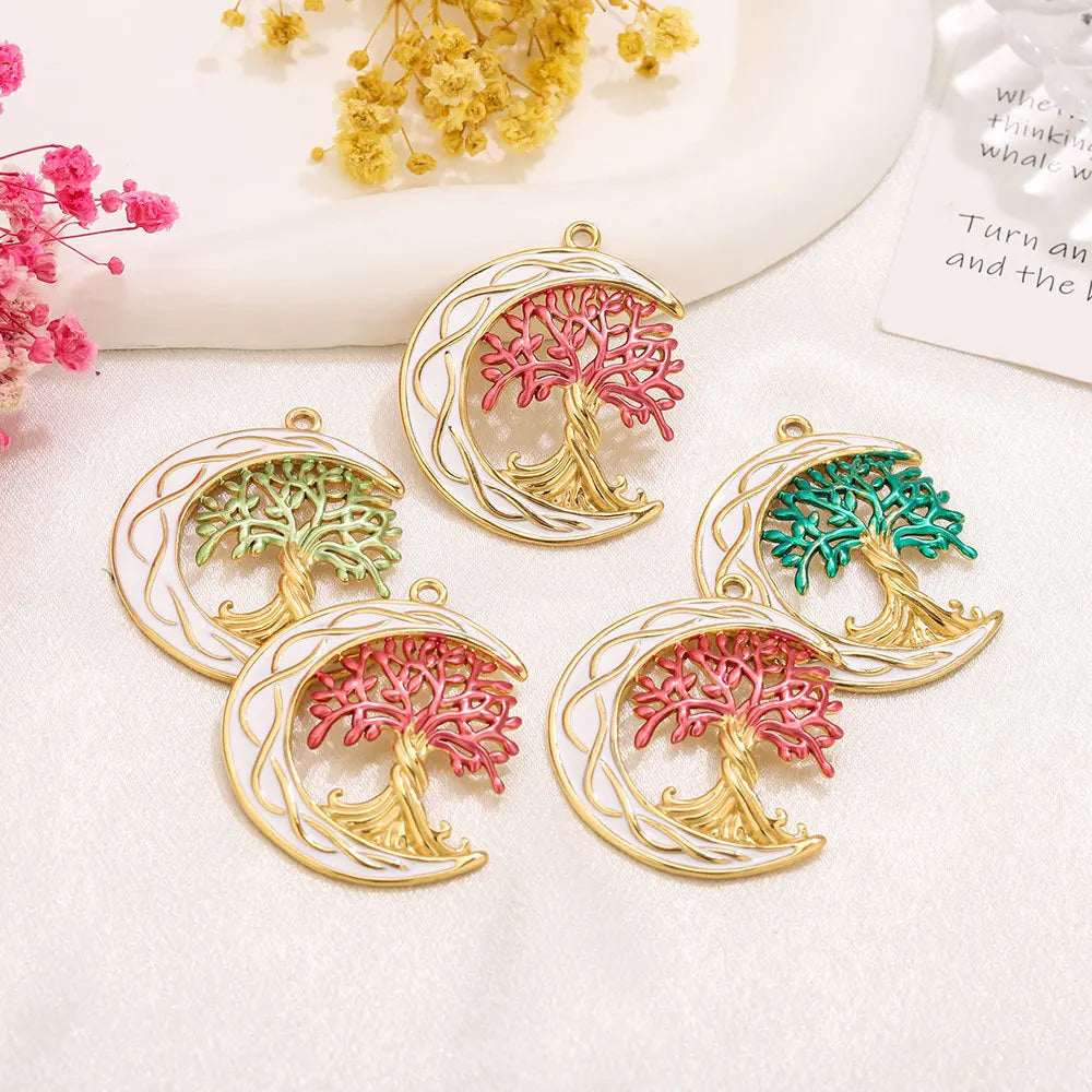 Norse Mythology World Tree Celtic Knot Stainless Steel Gold Plated Enamel Moon Tree of Life Charm Pendant for Jewelry Making