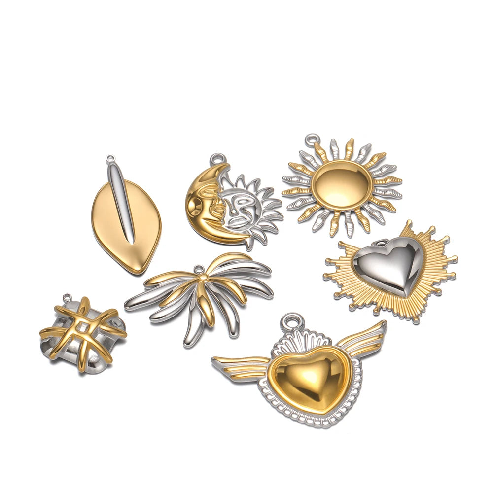 Hot Sale Stainless Steel 18k Gold Plated Sun Face Heart Feather Charm Pendant for DIY Jewelry Necklace Earring Making