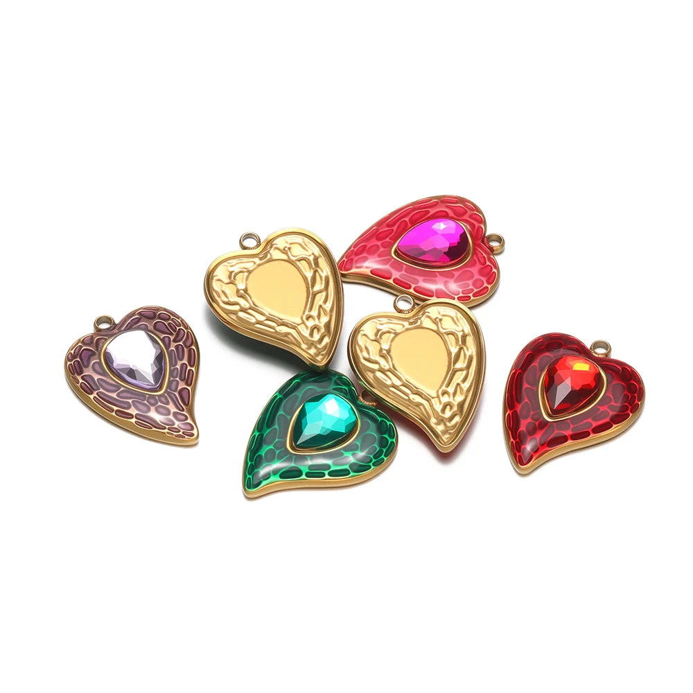 New Fashion Stainless Steel 18k Gold Plated Enamel Heart Zircon Charm Pendant for Diy Jewelry Making Wholesale