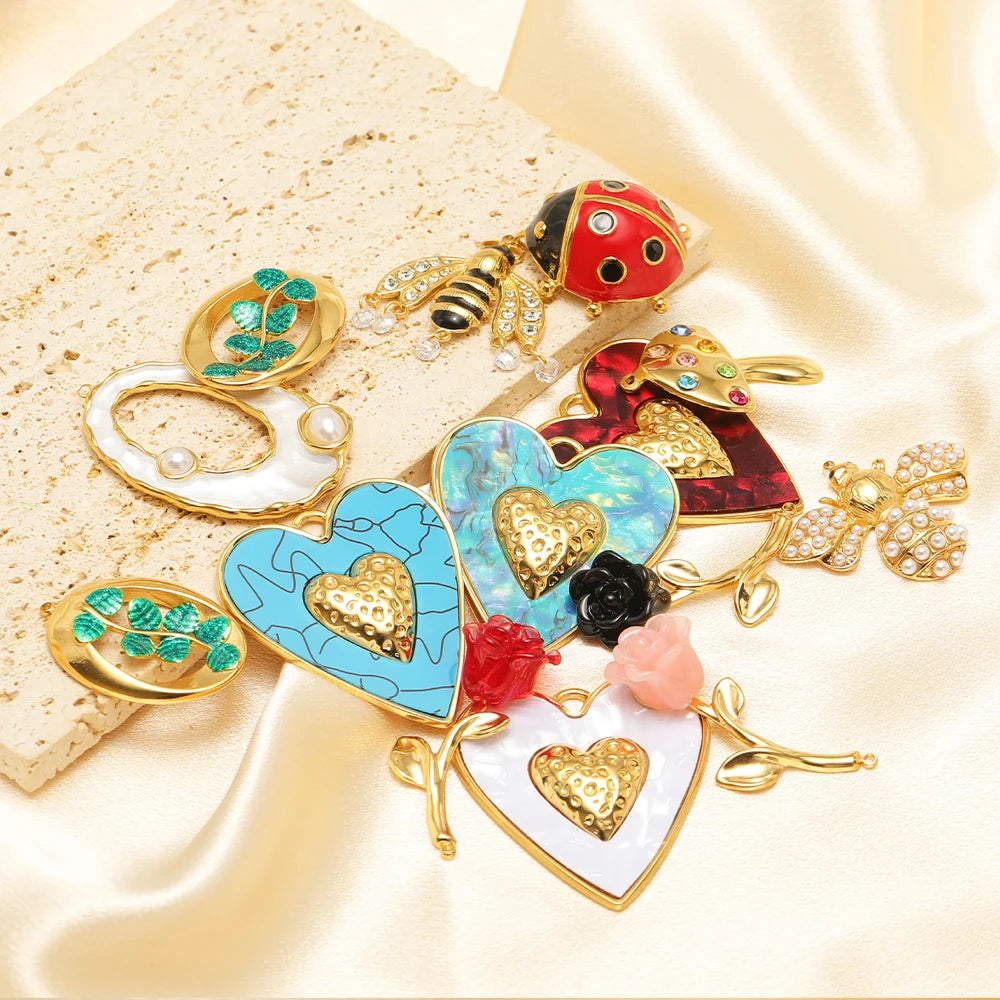 18k Gold Plated Stainless Steel Enamel Heart Rpse Flower Mushroom Charm Pendant for DIY Handmade Necklace Jewelry Making