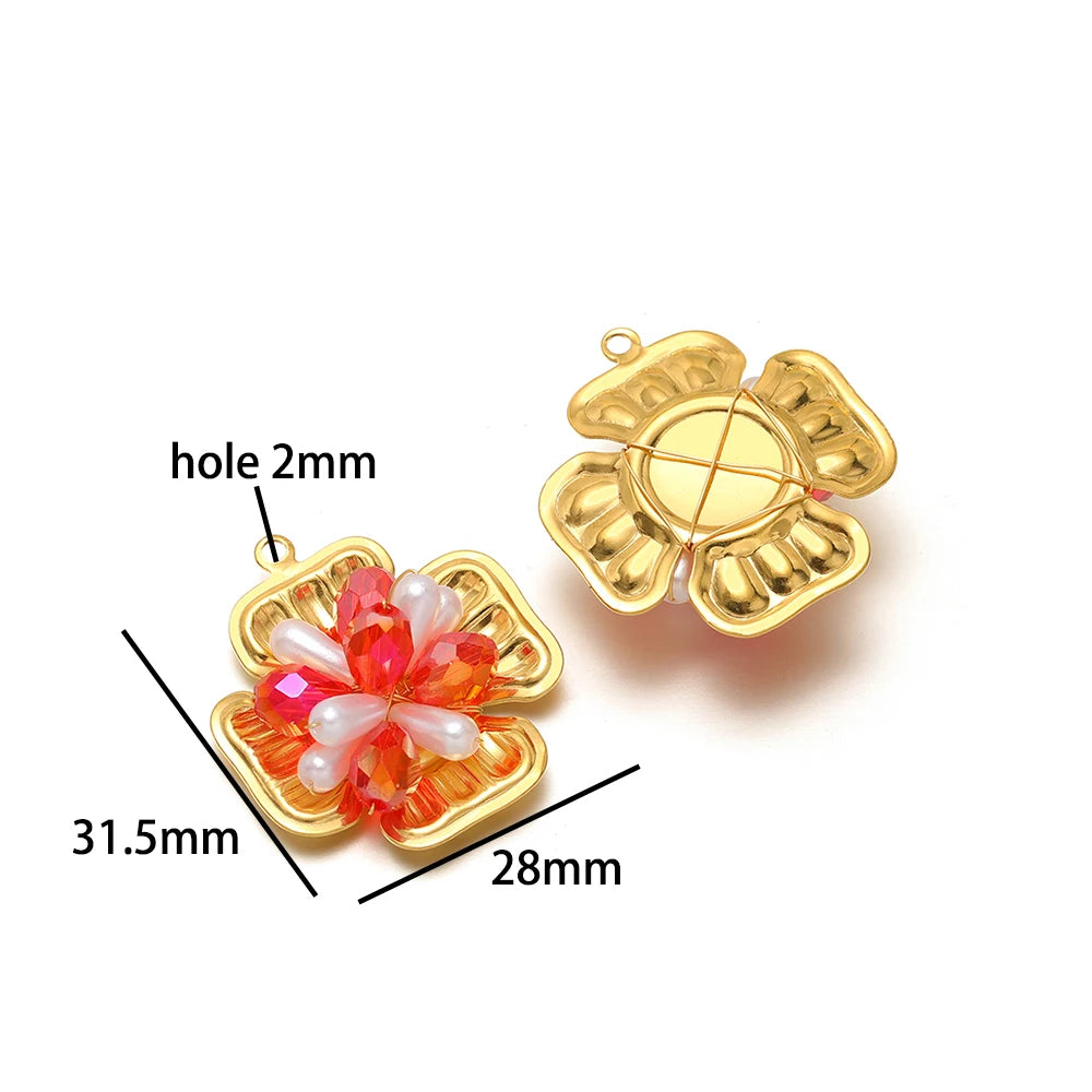 Trend Creative 18k Gold Plated Stainless Steel Flower Butterfly Heart Crystal Glass Bead Charm Pendant for  DIY Jewelry Making