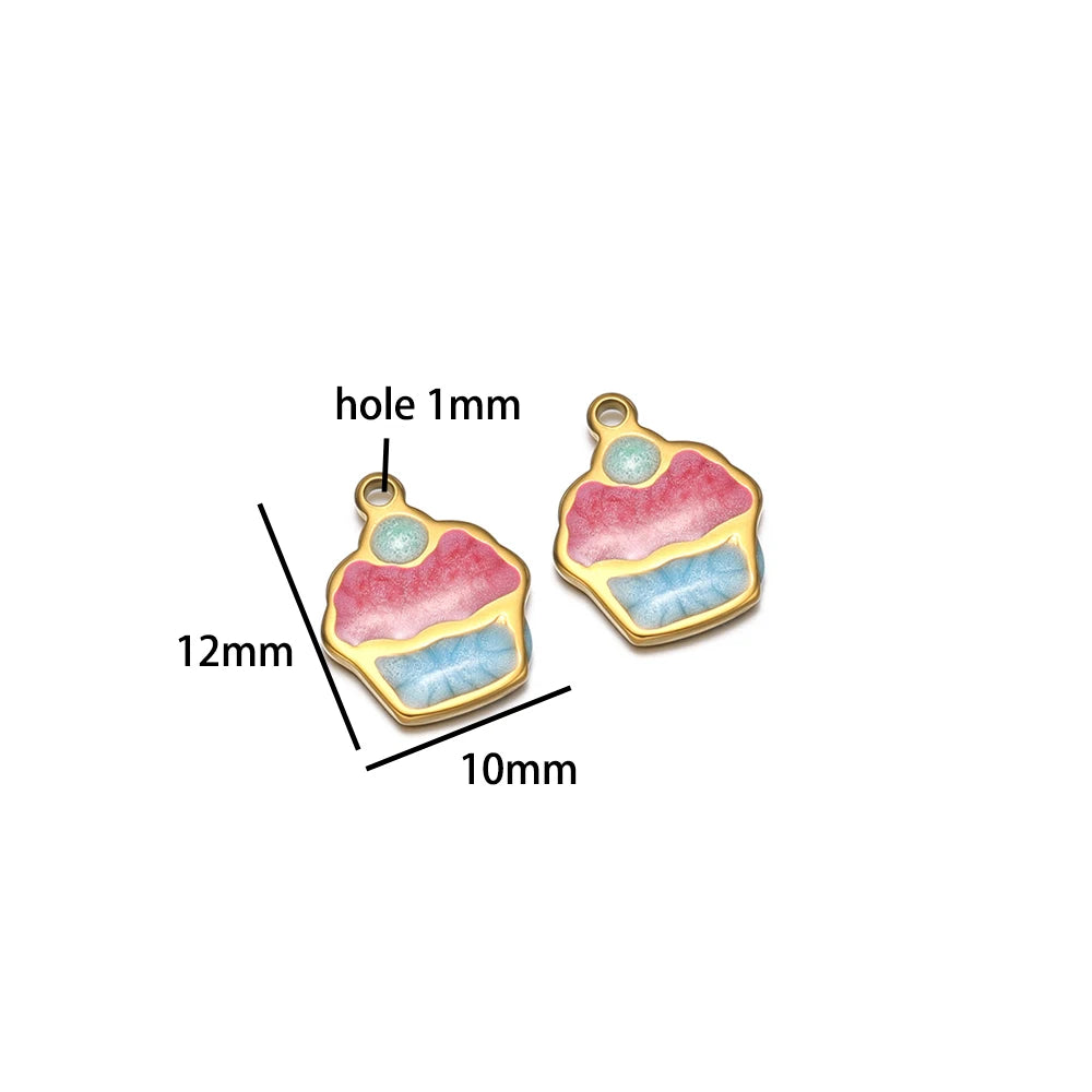 Cute Ins Colorful Enamel 18k Gold Plated Stainless Steel Cupcake Charm Pendant for Handmade Necklace Jewelry Making