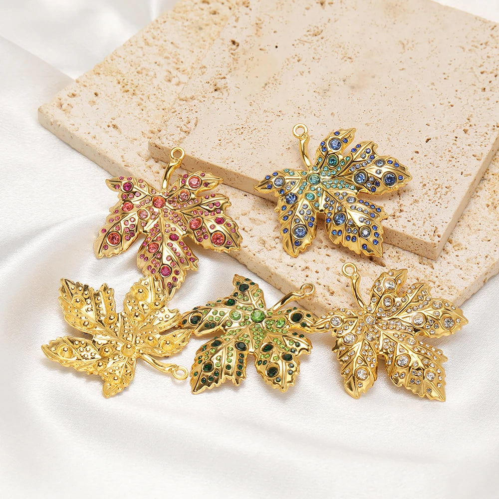 New Luxury Pendant Stainless Steel Gold Plated Maple Leaves Zircon Charm Pendant for Jewelry Making Accessories