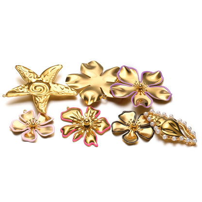 New Fashion Stainless Steel 18k Gold Plated Enamel Flower Conch Starfish Charm Pendant for Jewelry Necklace Making
