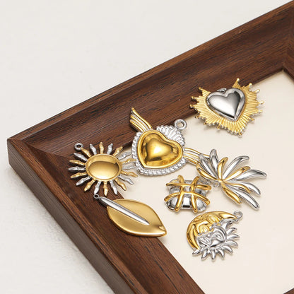 Hot Sale Stainless Steel 18k Gold Plated Sun Face Heart Feather Charm Pendant for DIY Jewelry Necklace Earring Making