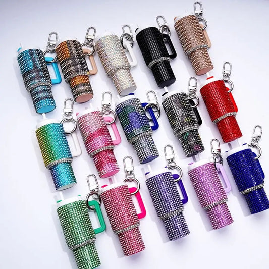 Mini Tumbler Keychain with Rhinestones Bear Pattern Water Bottle Accessories Lipstick Storage Bag Pendant Cup Pendants