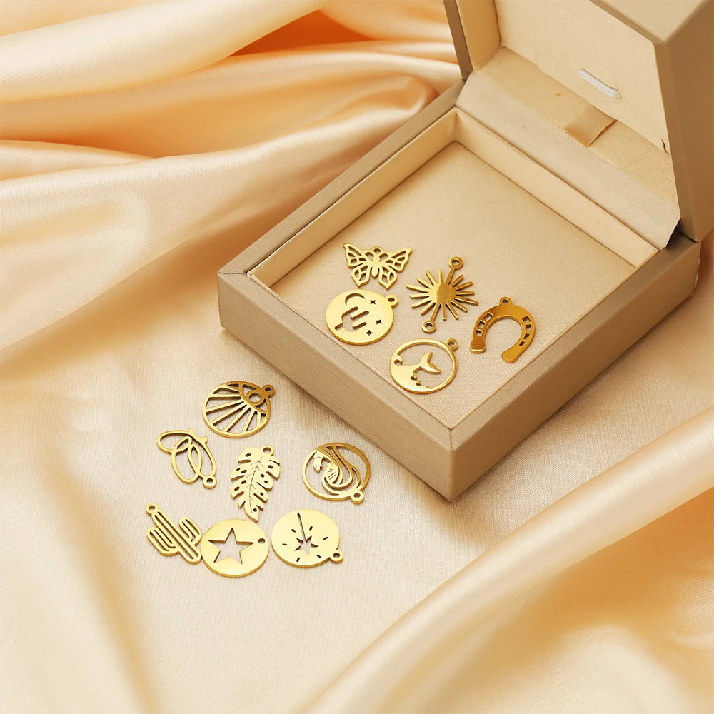 DIY Pendants Stainless Steel 18k Gold Plated Hollow Cactus Butterfly Star Sun Eyes Charm Pendants for Jewelry Necklace Making