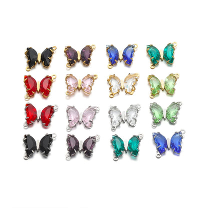 Colorful PendantStainless Steel Gold Plated Double Hole Butterfly Crystal Stone Charm Pendant for Necklace Jewelry Making