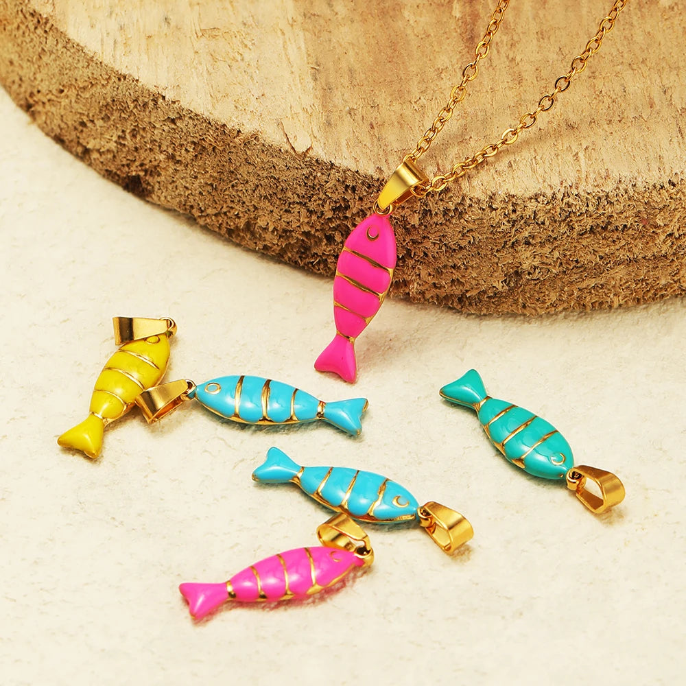 New Arrival Stainless Steel 18K Gold Plated Colorful Enamel Striped Fish Charm Pendant for Jewelry Earrings Necklace Making