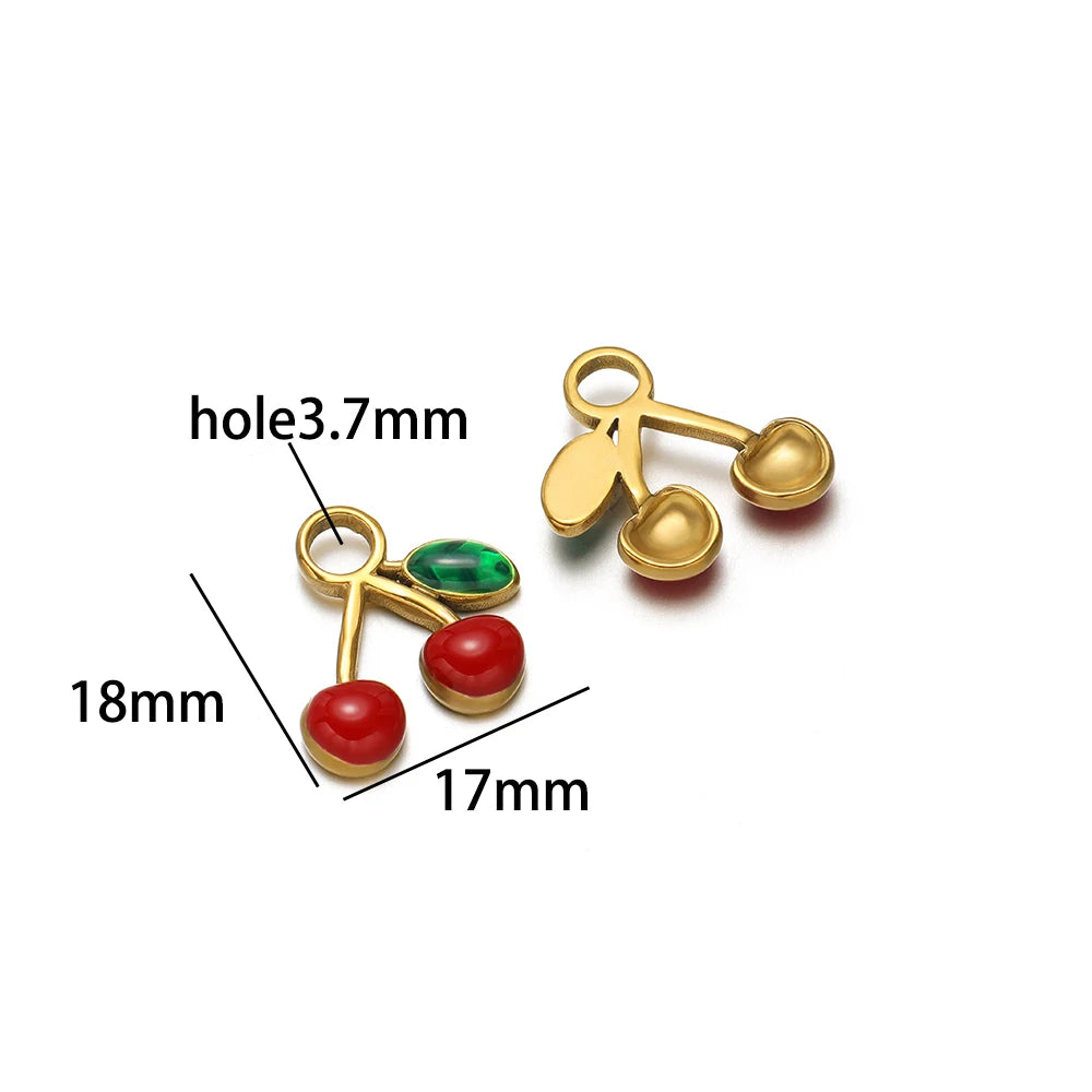 Lovely Fruit Charms 18k Gold Plated Stainless Steel Enamel Cherry Strawberry Zircon Charm Pendant for DIY Jewelry Making
