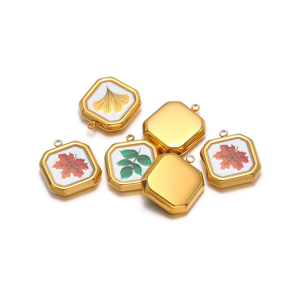 Fashion 18k Gold Plated Stainless Steel square Enamel Four Leaf Clover Charm Pendant for DIY Necklace Jewelry Making Accessories