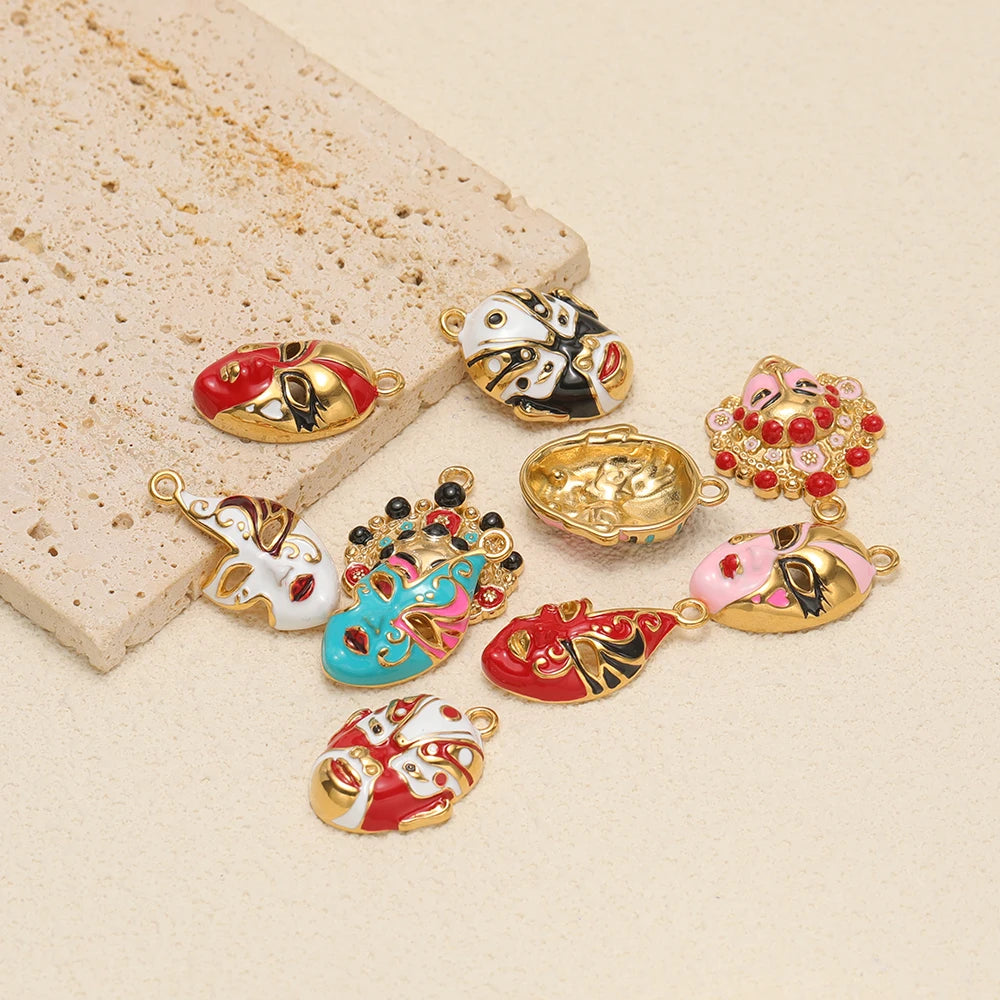 Colorful Gold Plated Peking Opera Mask Charms - Single Sided Enamel Drama Face Pendants for DIY Jewelry Making