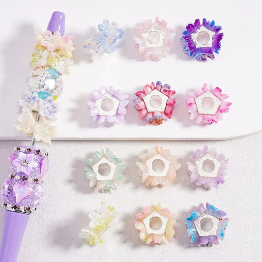 Silver Metal Spacer Beads with Shiny Pink Flower Pentagon Shape for DIY Bracelet Necklace Making