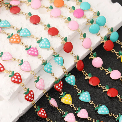 D432 High Quality Enamel Stainless Steel Chain Strawberry apple Fruit Charm Link 18k Gold Plated Chain Jewelry Findings
