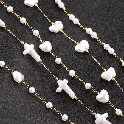 D433 Imitation Pearl Beads Chain Rosary Cross Heart butterfly Link Bulk Roll Stainless Steel Chain for Necklace Bracelet Making