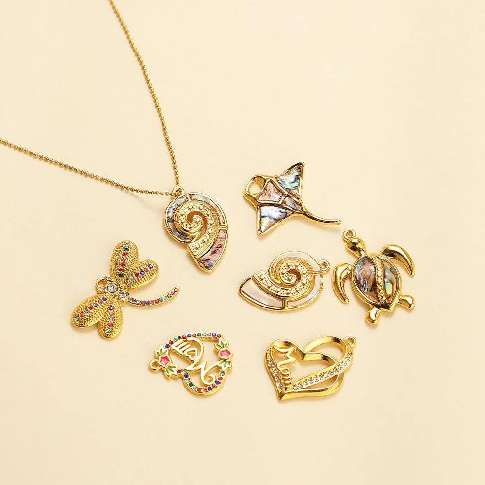 High Quality Stainless Steel Gold Plated Enamel Turtle Conch Starfish Dragonfly Heart Charms Pendant for Jewelry Necklace Making