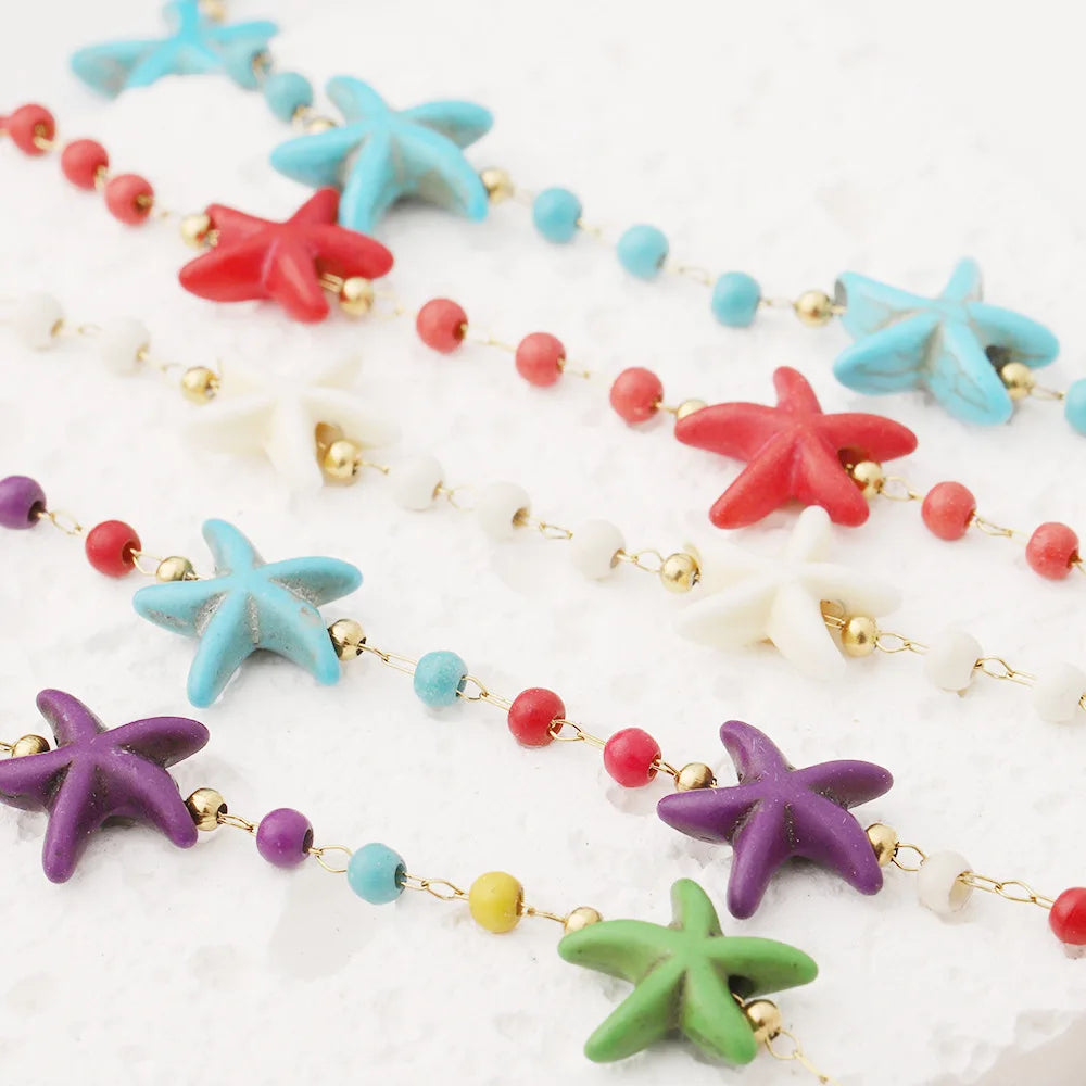 E251 Bohemian Stainless Steel Gold Plated Starfish Beaded Chain for Necklace Bracelet Anklet Waterproof Accessory