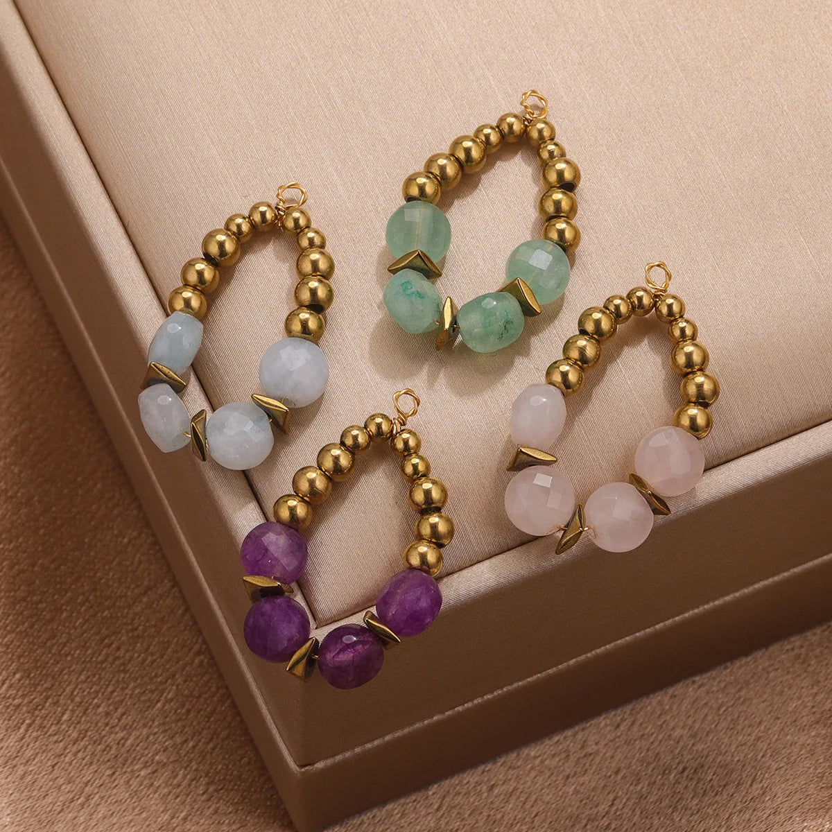 Bohemian Style Stainless Steel Gold Plated Natural Gemstone Stone Beads Charm Pendant for Jewelry Making