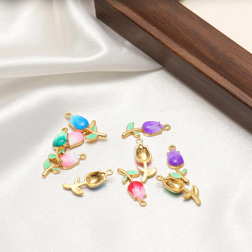 18K Gold Plated Tulip Charms Enamel Flower Bud Pendants Sweet Floral Jewelry Making Supplies for DIY Necklace Bracelet