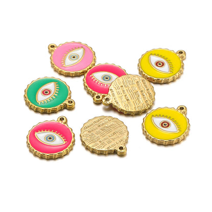 French Drop Oil  Eye Pendant Stainless Steel Gold Plated Colored Coin Shape Enamel Eyes Charm Pendant for Jewelry Making
