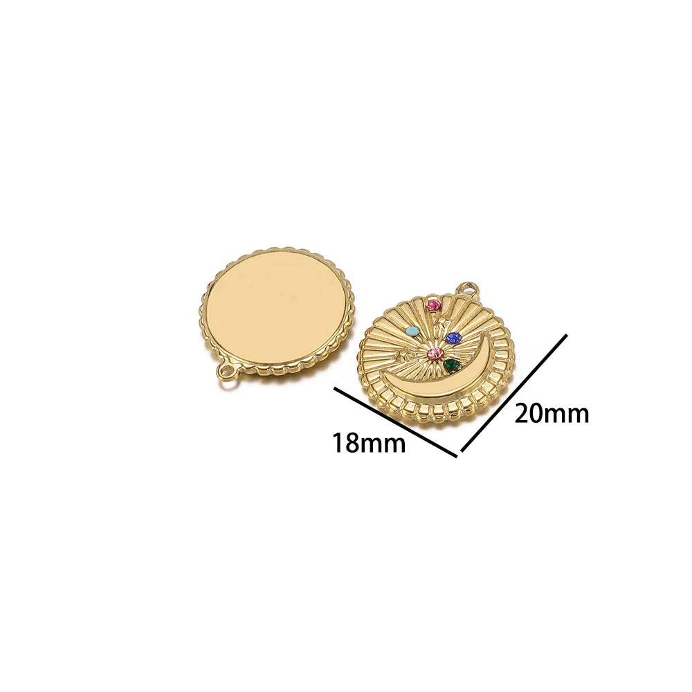DIY Colorful Zircon Stainless Steel Gold Plated Charm Round Moon Zircon Charm Pendants for DIY Jewelry Necklace Making
