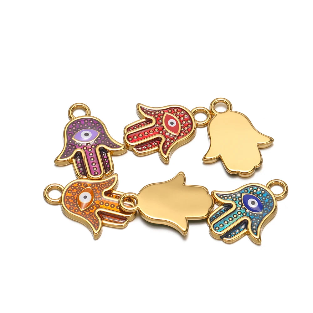 Bohemian Style 18k Gold Plated Stainless Steel Eye Enamel Palm Shaped Charm Pendant for DIY Necklace Jewelry Making