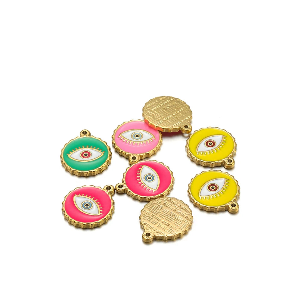 French Drop Oil  Eye Pendant Stainless Steel Gold Plated Colored Coin Shape Enamel Eyes Charm Pendant for Jewelry Making