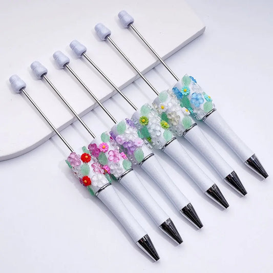 DIY Beadable Pen White Glitter Flowers Green Leaves Birthday Gift for Women Her