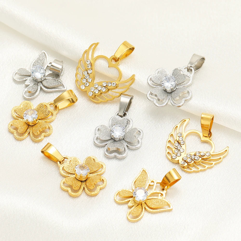 18k Gold Plated Stainless Steel Hollow Butterfly Wing Flower Zircon Charm Pendant for DIY Jewelry Making