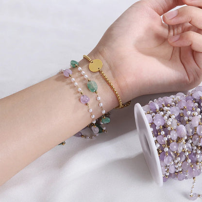 A1864 Good Quality Natural Chip Beads Chain Amethyst Crystal Beads Stainless Steel Chain with Pearl Beaded Diy Jewelry