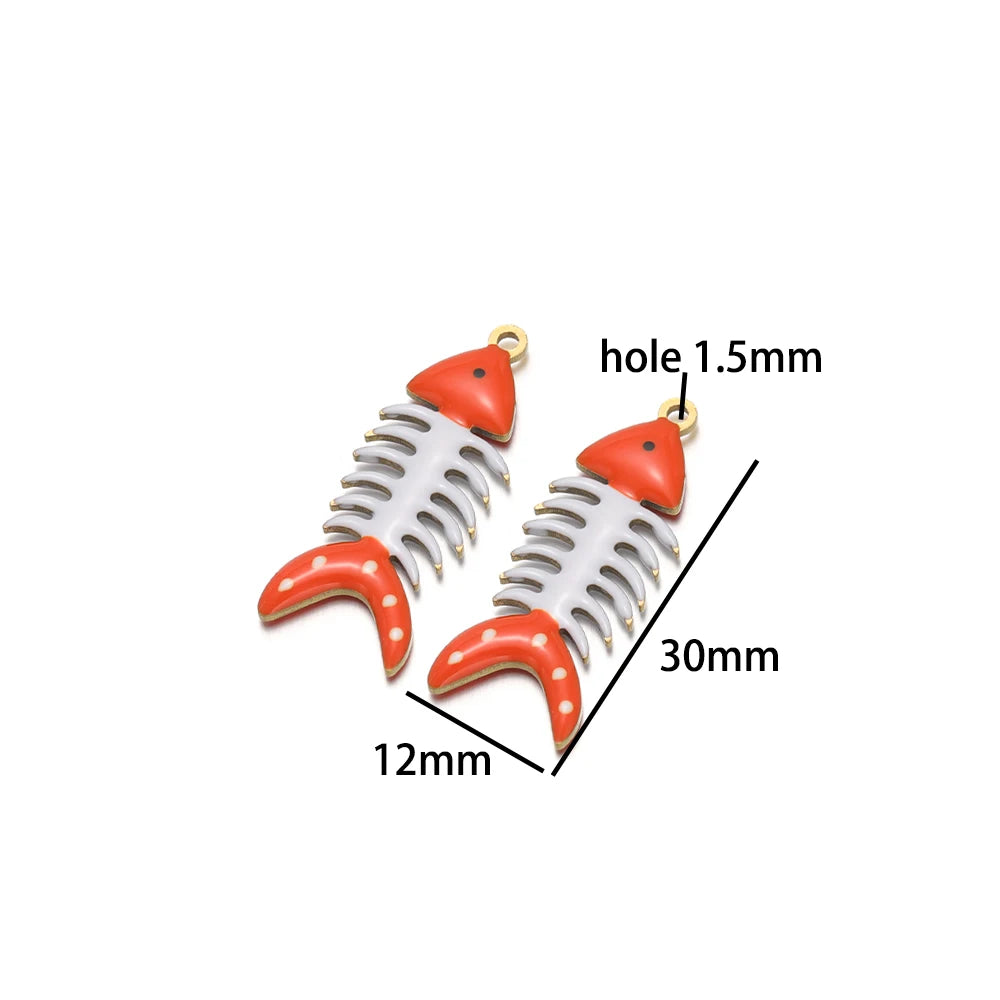 No Tarnish 18k Gold Plated Stainless Steel Small Enamel Fishbone Charm Pendant for Jewelry Necklace Making Accessories