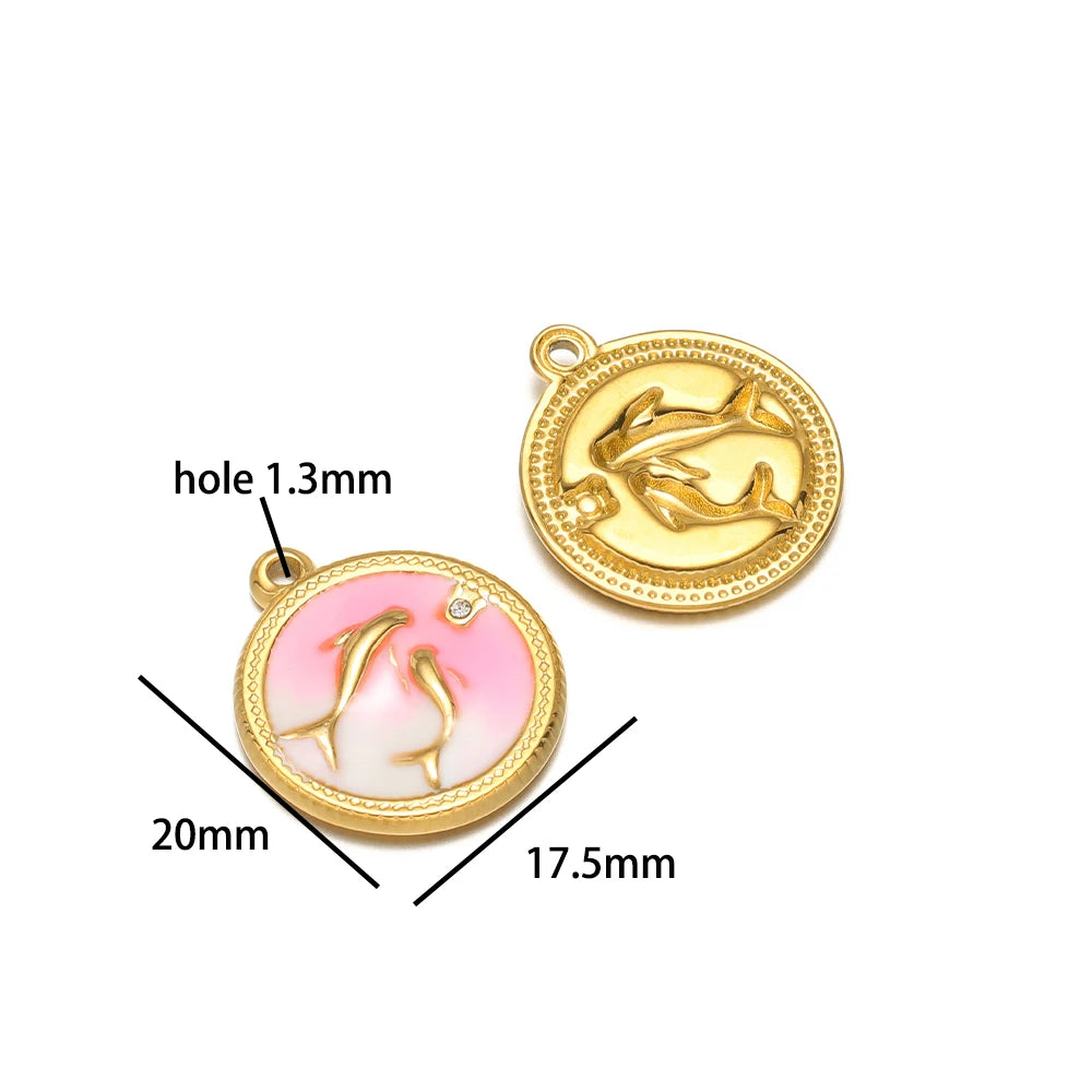 Exquisite Oil Drop Painted Flower Charm 18k Gold Plated Stainless Steel Enamel Round Square Pendant for Necklace Jewelry Making