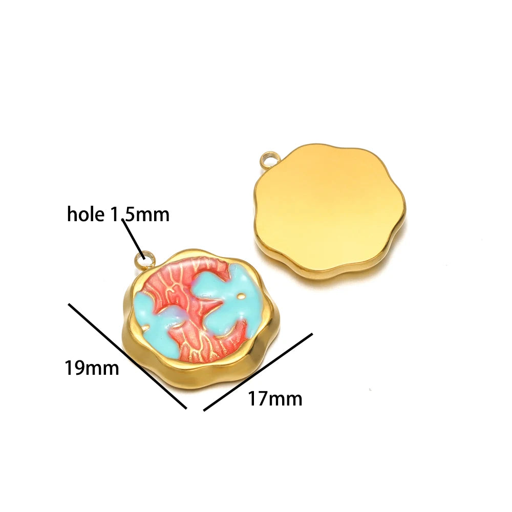 Exquisite Oil Drop Painted Flower Charm 18k Gold Plated Stainless Steel Enamel Round Square Pendant for Necklace Jewelry Making