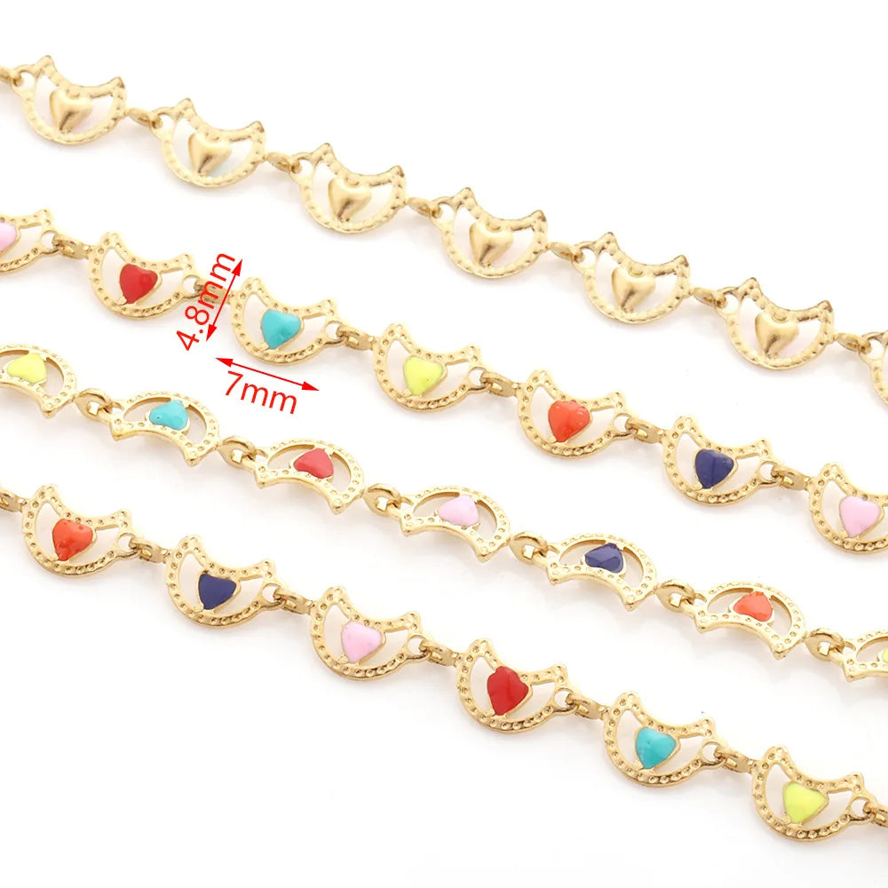 D088 Wholesale 18k Gold Stainless Steel Roller Chain Moon Connector Link Chain Heart Enamel Chain Jewelry