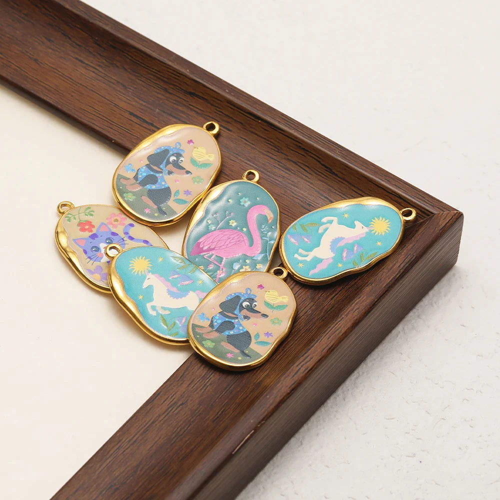 Cute Animal Pattern Oval Charms Gold Plated Enamel Pendant with Flamingo Dog Cat Unicorn DIY Jewelry Making Supplies