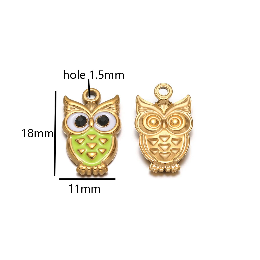 New Trendy Stainless Steel 18k Gold Plated Enamel Owl Charms Pendant for Diy Jewelry Necklace Making