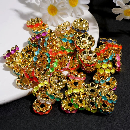 Wavy Gold Alloy Satin Nickel Plated Spacer Beads with Inlaid Rhinestones 12MM Multi-Color for DIY Beadable Pen & Jewelry Bulk