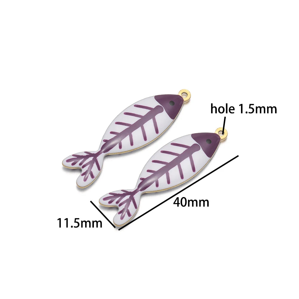Handmade 18k Gold Plated Stainless Steel Enamel Cute Beach Fishbone Charm Pendant for Jewelry Necklace Making Accessories