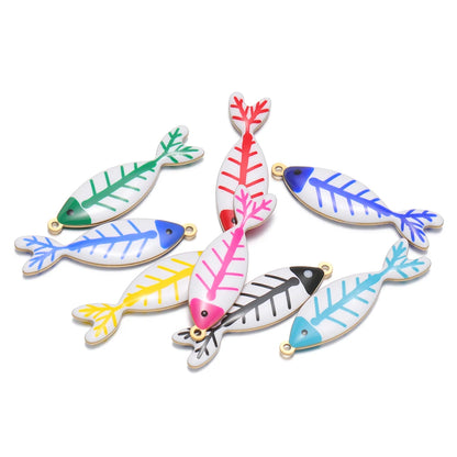 Handmade 18k Gold Plated Stainless Steel Enamel Cute Beach Fishbone Charm Pendant for Jewelry Necklace Making Accessories