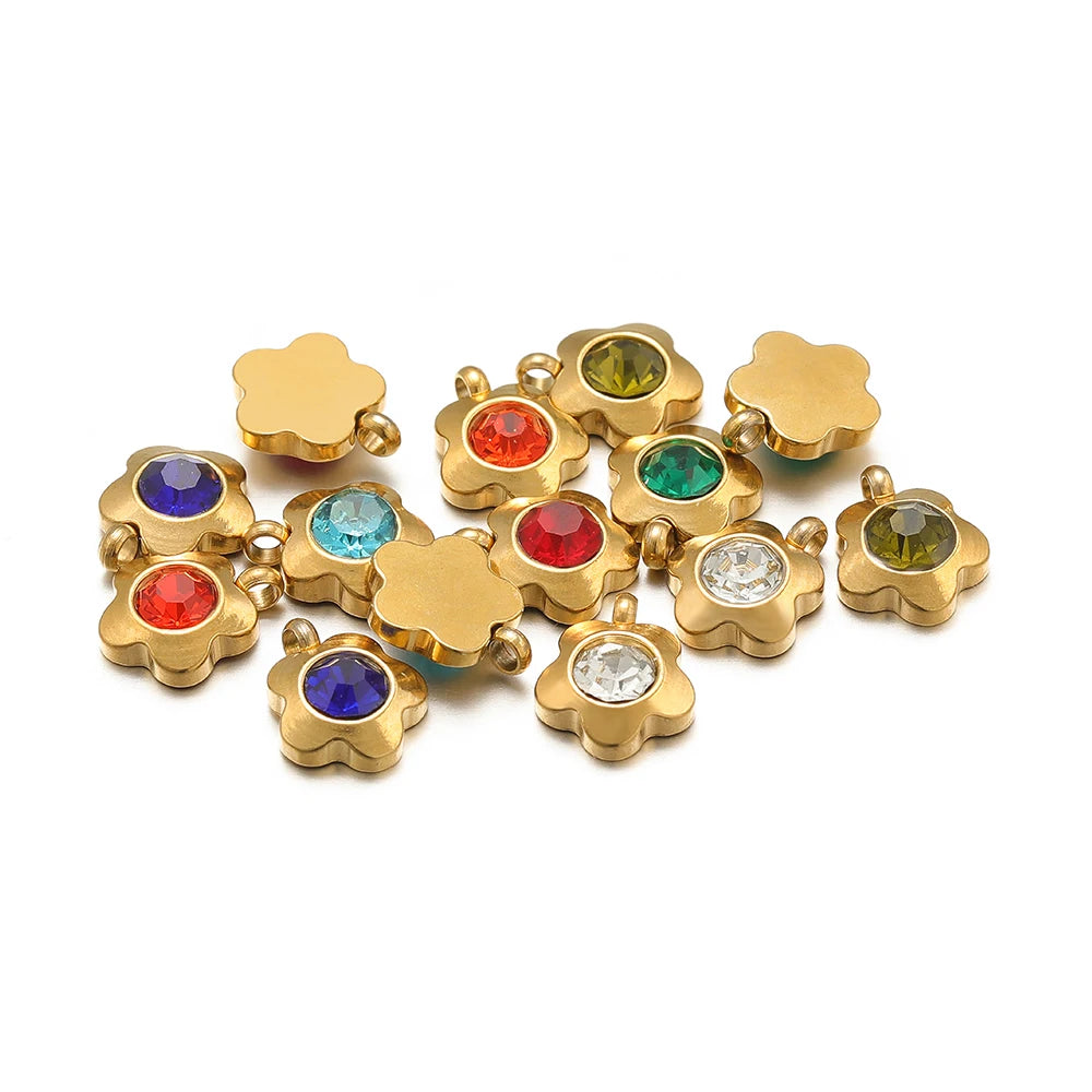 High Quality Stainless Steel 18K Gold Plated 7mm Flower Zircon Charm Pendant for Jewelry Necklace Bracelet Making