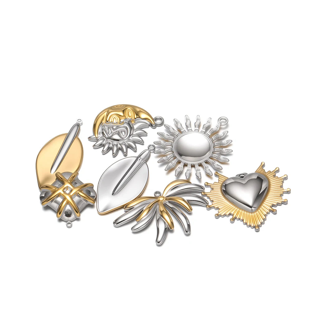 Hot Sale Stainless Steel 18k Gold Plated Sun Face Heart Feather Charm Pendant for DIY Jewelry Necklace Earring Making