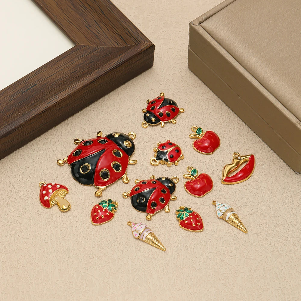 Wholesale 18k Gold Plated Stainless Steel Enamel Ladybird Insect Apple Strawberry Mushroom Charm Pendant for Jewelry Making