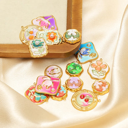 Exquisite Oil Drop Painted Flower Charm 18k Gold Plated Stainless Steel Enamel Round Square Pendant for Necklace Jewelry Making