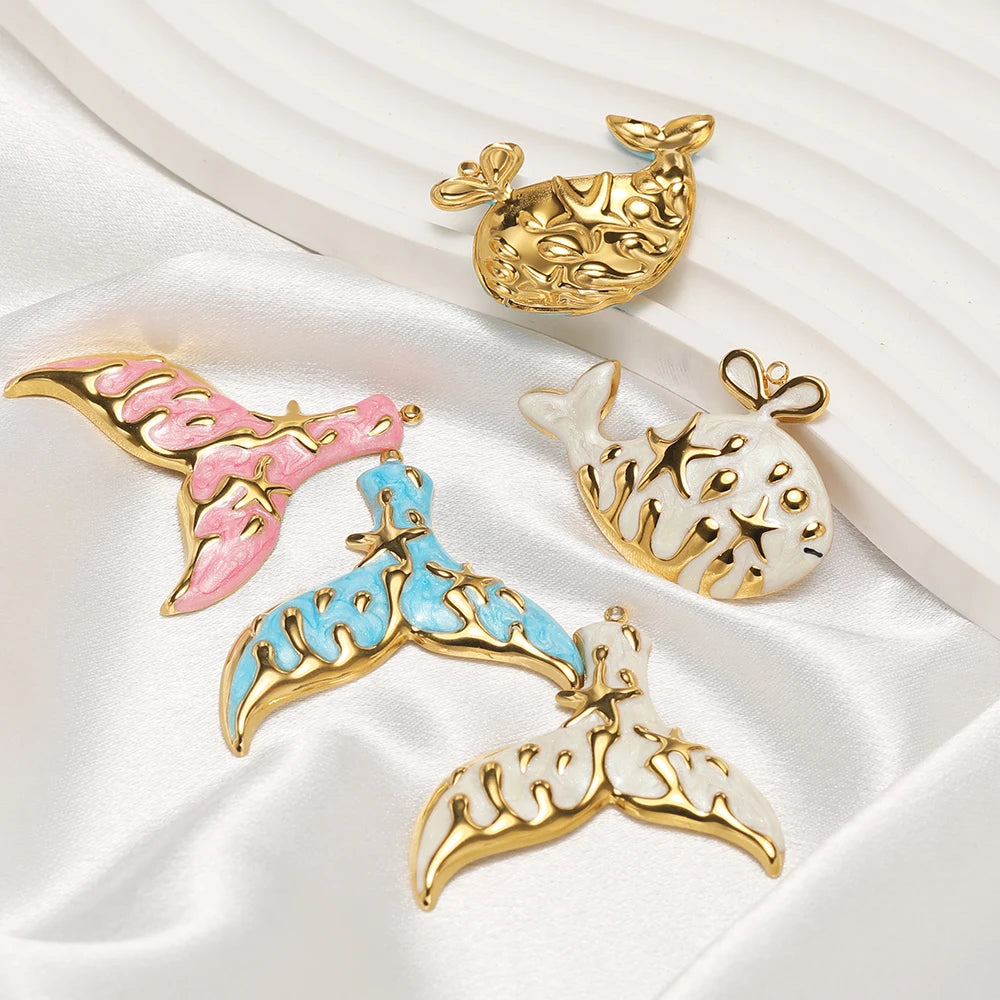 Fashion Whale Charm 18k Gold Plated Stainless Steel Enamel Mermaid Tail Zircon Pendant for DIY Necklace Jewelry Making