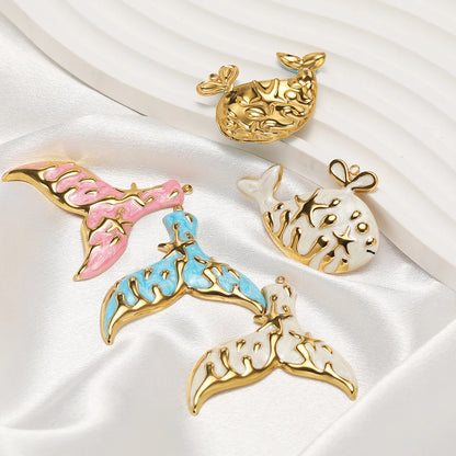 Fashion Whale Charm 18k Gold Plated Stainless Steel Enamel Mermaid Tail Zircon Pendant for DIY Necklace Jewelry Making