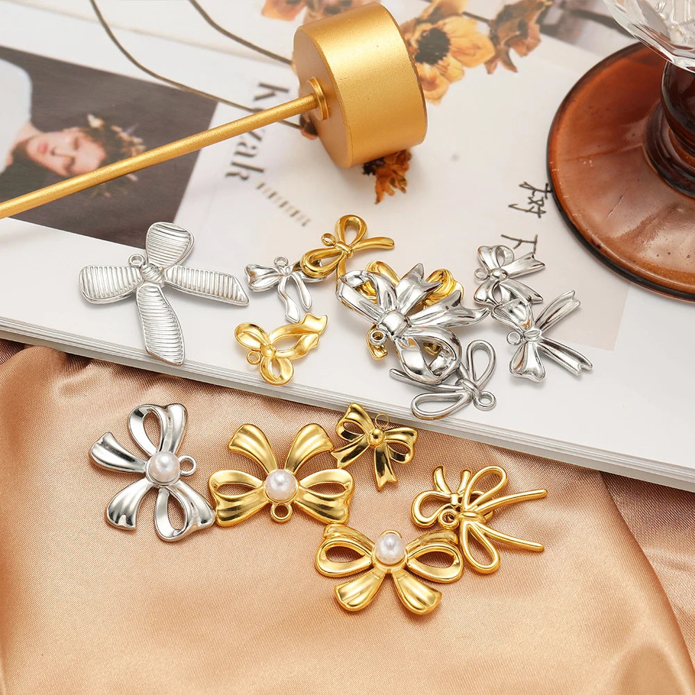New Handmade DIY Jewelry Accessories 18k Gold Plated Stainless Steel Pearl Bowknot Charm Pendant for Women Jewelry Making