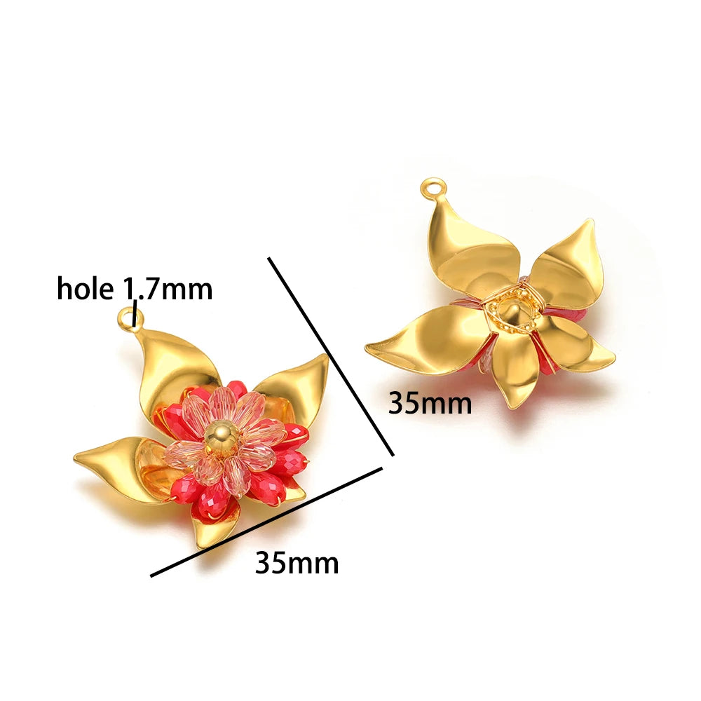 Elegant Designs 18k Gold Plated Stainless Steel Bowknot Flower Crystal Bead Charm Pendant for Jewelry Making Accessories