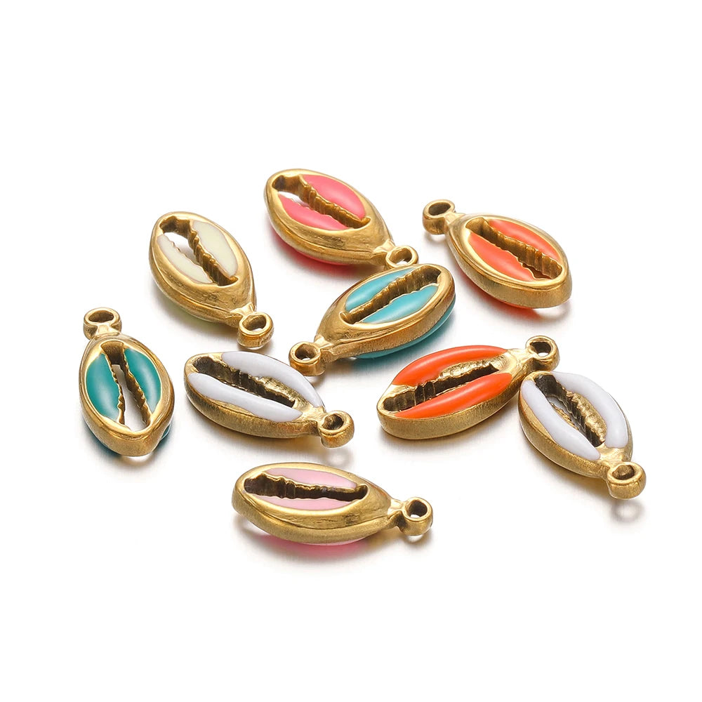 Hot Sale Retro Stainless Steel Gold Plated Colorful Drip-oil Conch Shell Starfish Charm Pendant for Jewelry Making Accessories